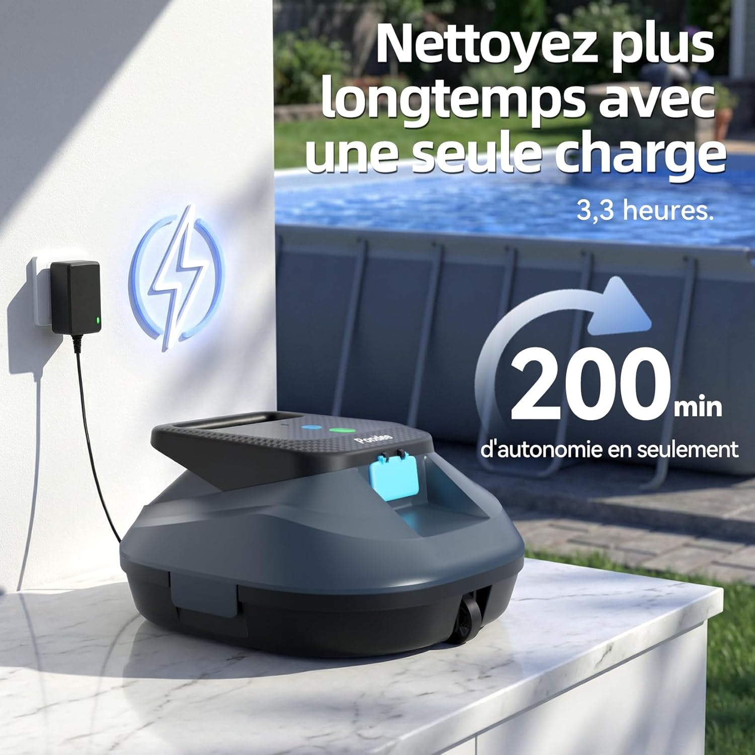 (2026 Nouveau) Pondee X2 Robot Piscine sans Fil avec 200 Min Autonomie, Aspirateur Piscine Hors Sol Stationnement Automatique, Recharge Rapide 3.3 h, pour Piscines Hors-Sol et Enterrées jusqu'à 120 m²