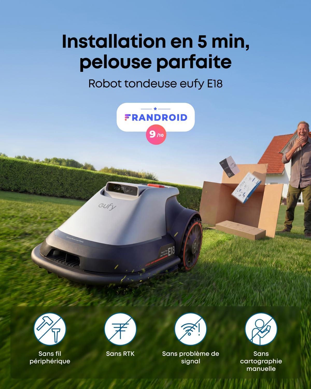 eufy - E18 - robot tondeuse, 1200m2, sans fil ni RTK, navigation intelligente, E18