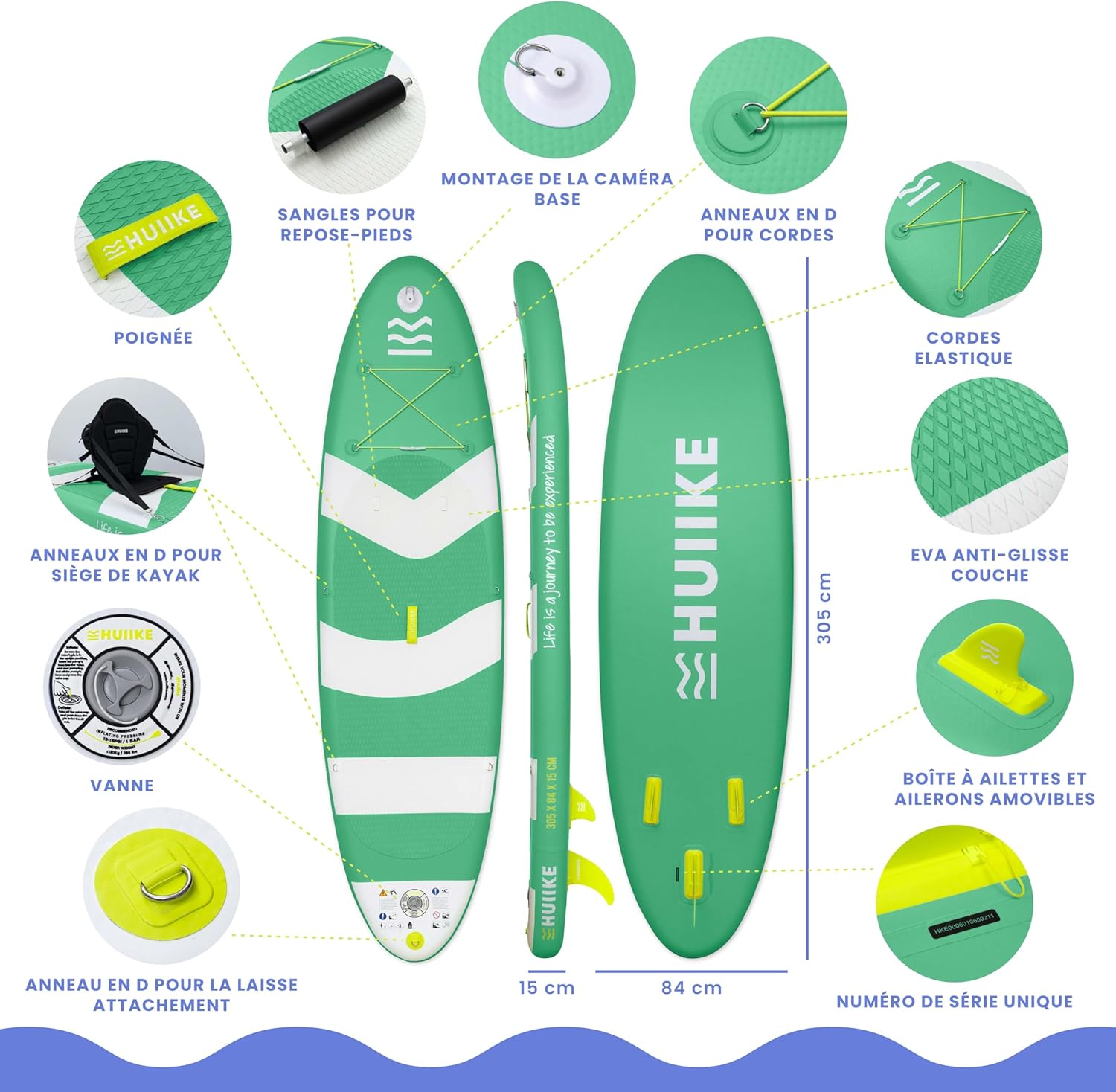 HUIIKE Paddle Gonflable Adulte avec Accessoires Inclus, Pagaie, Ailerons, Pompe. Planche de Stand Up Paddle Grande Stabilité et Résistance. 305 x 84 x 15 cm, Jusqu'à 130 kg