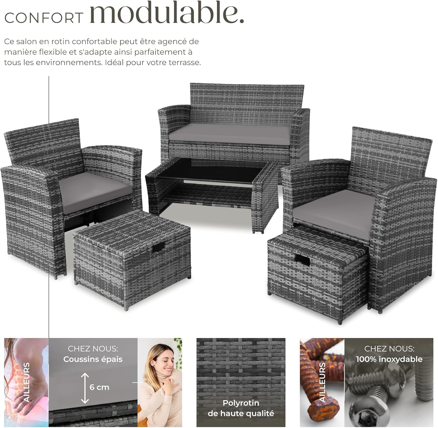 tectake - Salon de jardin polyrotin 6 places, housse incluse, gris