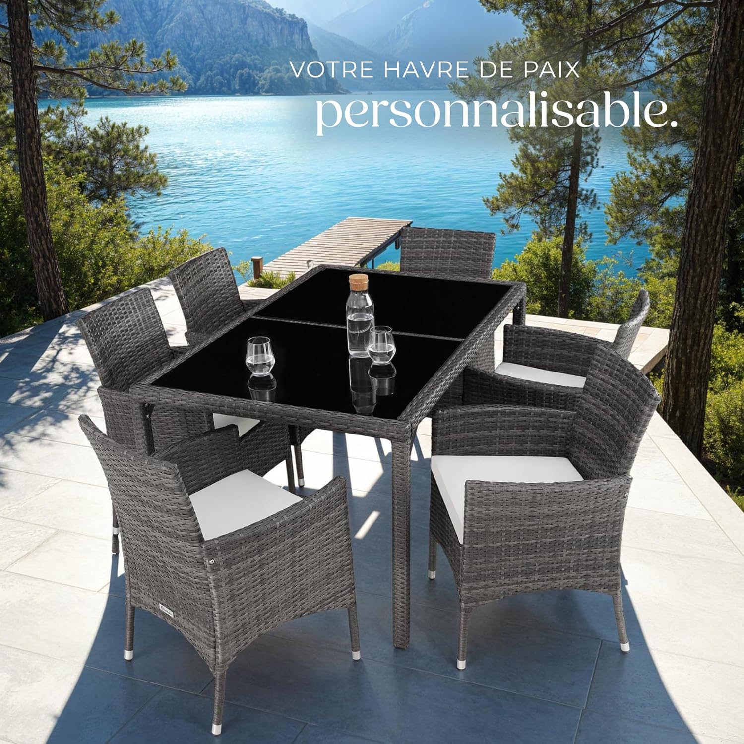 tectake - Salon de jardin poly rotin, 6 chaises, table, résistant UV, gris/blanc
