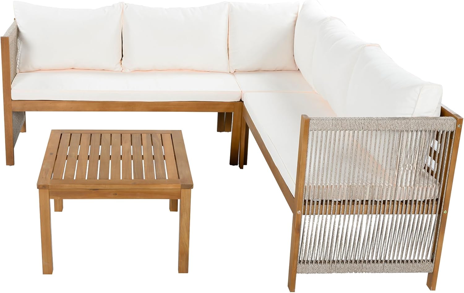 Sapgaks - salon de jardin acacia, corde, beige, canapé d'angle, table