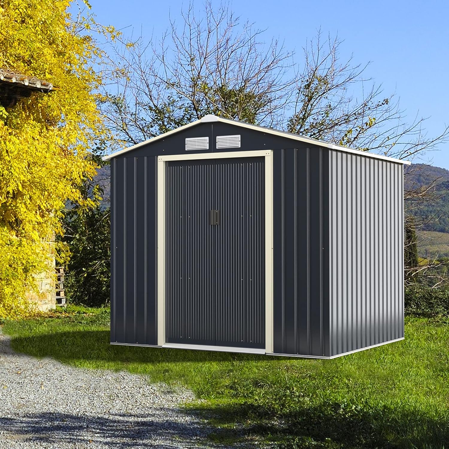 GOPLUS 3,73㎡ Abri de Jardin Métal Galvanisé, Cabine de Jardin Extérieur Portes Coulissantes, Résistant aux Intempérie, Cabane de Rangement Outils, 213 x 191 x 195 cm, Gris