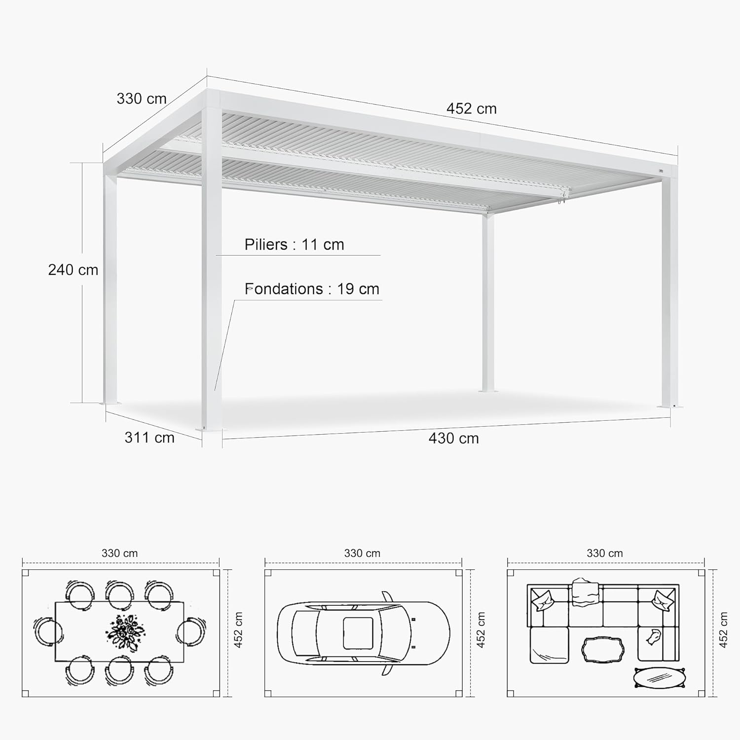 PURPLE LEAF - Pergola bioclimatique aluminium 4,6x3,3m, lames orientables, blanc