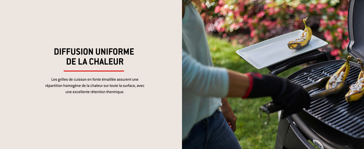 Le texte se lit comme suit : « DIFFUSION UNIFORME DE LA CHALEUR ». Scène de barbecue en plein air montrant du maïs grillé sur des grilles noires sur fond de jardin flou.