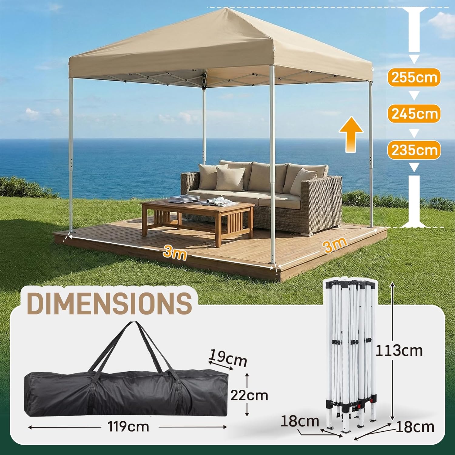 LEADZM - tonnelle pliante série - 3x3m - imperméable, anti-UV, moustiquaires