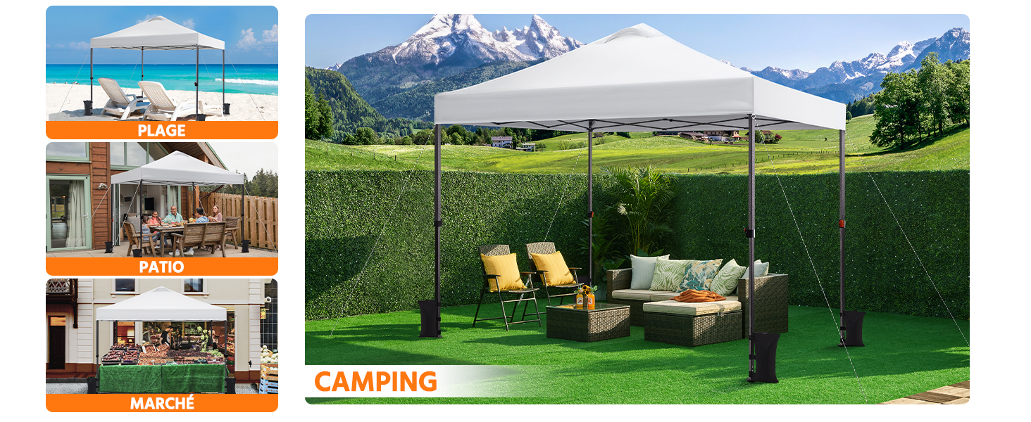 montrant des applications de tentes à baldaquin extérieures : scènes de plage avec parasols, coin repas sur la terrasse et aménagement d'un jardin avec un auvent blanc sur des meubles d'extérieur sur fond de montagne