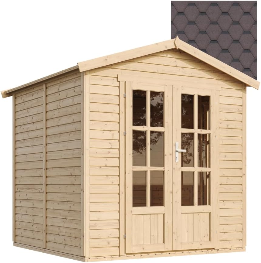 TIMBELA M351FB Cabane en Bois avec Plancher et Bardeaux Bitumineux Marron, L233xP222xH233 cm – Abri Multifonctionnel, Bureau, Atelier, Studio Jardin