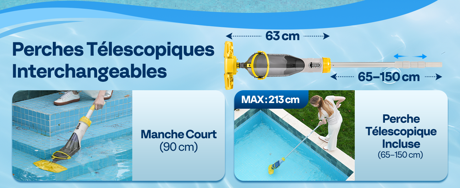 Le texte se lit comme suit : « Porches Télescopiques Interchangeables », « Manche Court D630 », « Perche Telescopique Modulo », « 63 cm », « 65-150 cm », « Max : 210 cm ». Les composants des cannes à pêche sont affichés sur fond bleu et les spécifications du produit sont étiquetées.