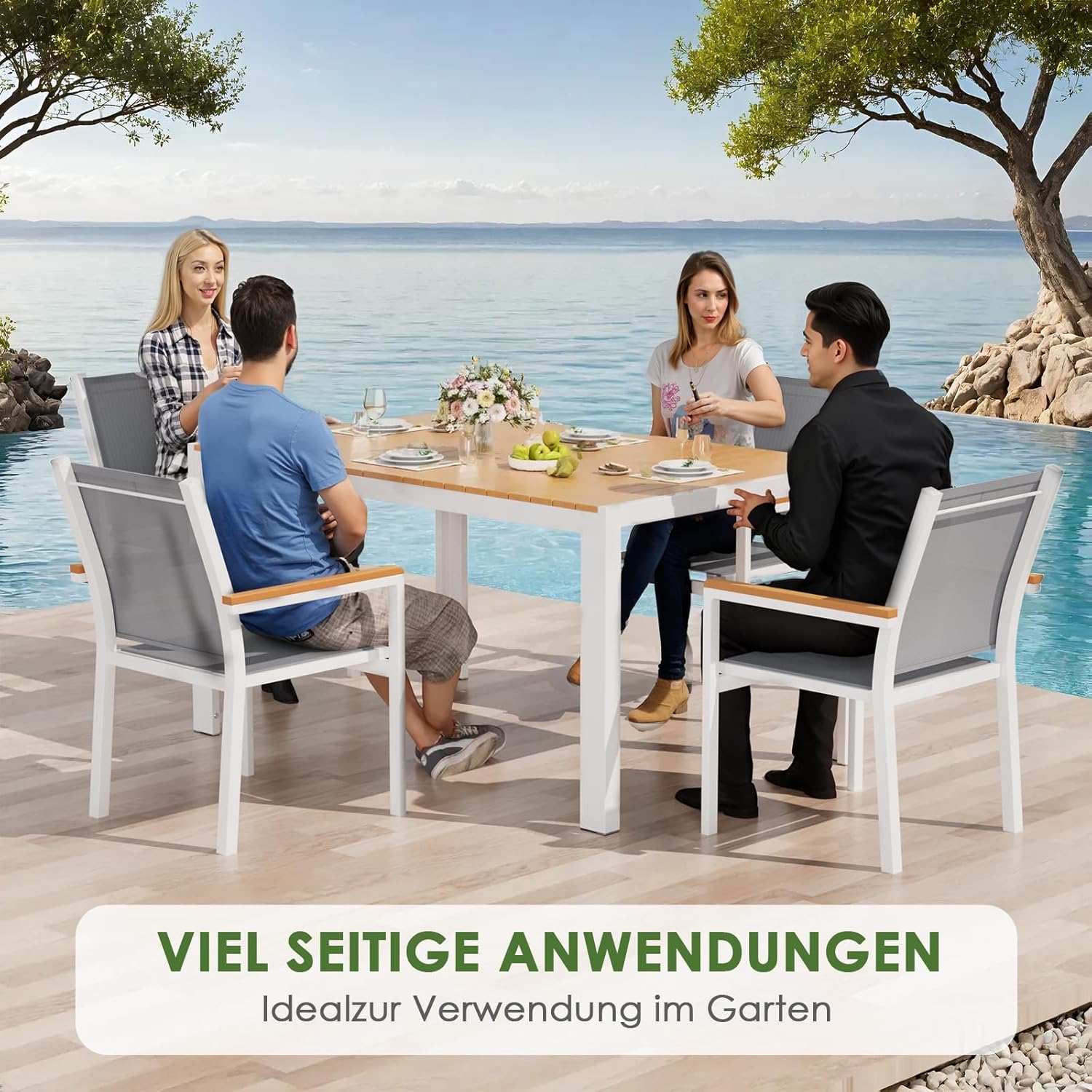 LIFERUN - Grande table de jardin - 140x90x75 cm - aluminium, plateau WPC, pour 6 personnes, résistante intempéries