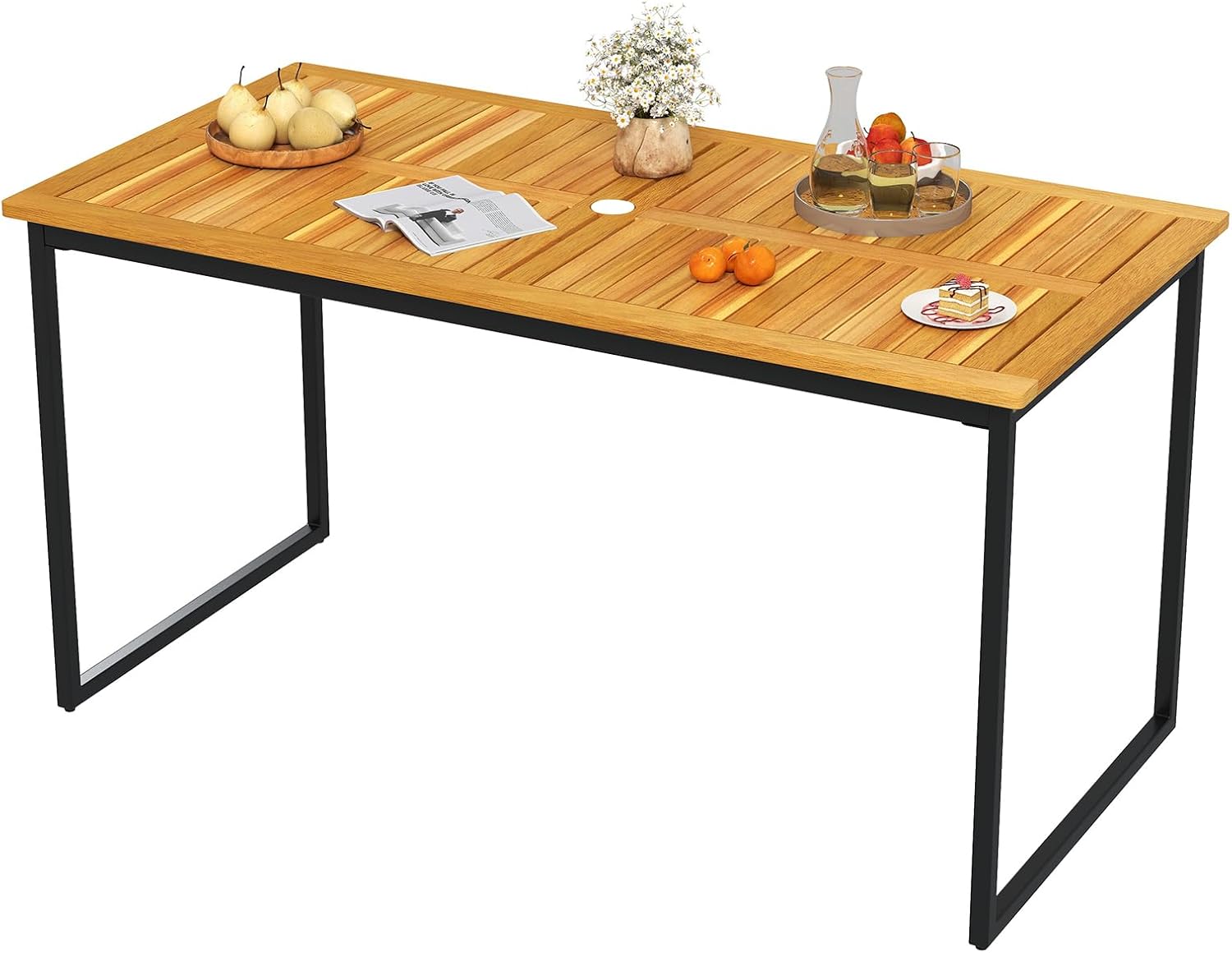 COSTWAY - Table de jardin 140cm, bois d’acacia, métal, trou parasol