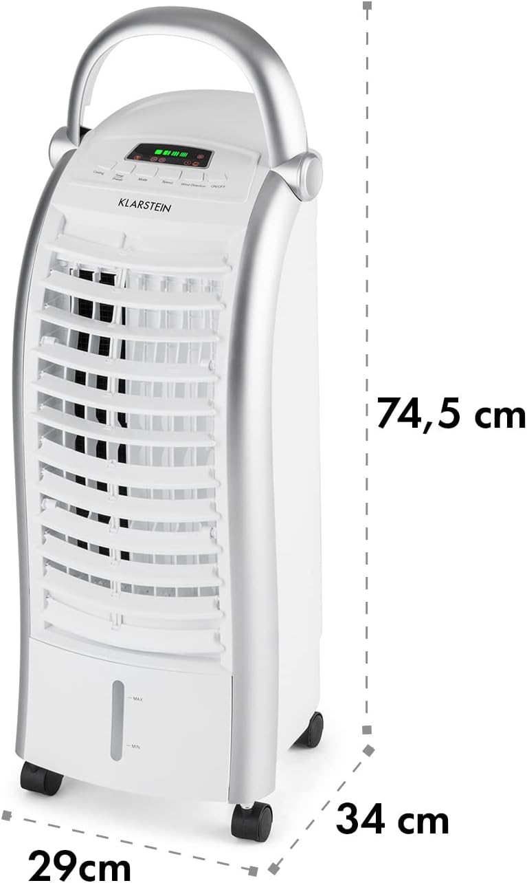 Klarstein Rafraichisseur d'Air 4 en 1, Climatiseur Portable, Humidificateur, Ventilateur, Ioniseur, Climatiseur Mobile Sans Évacuation, Pack Glacons, Réservoir 6L, 65W, Puissant Débit d'Air 444m³/h