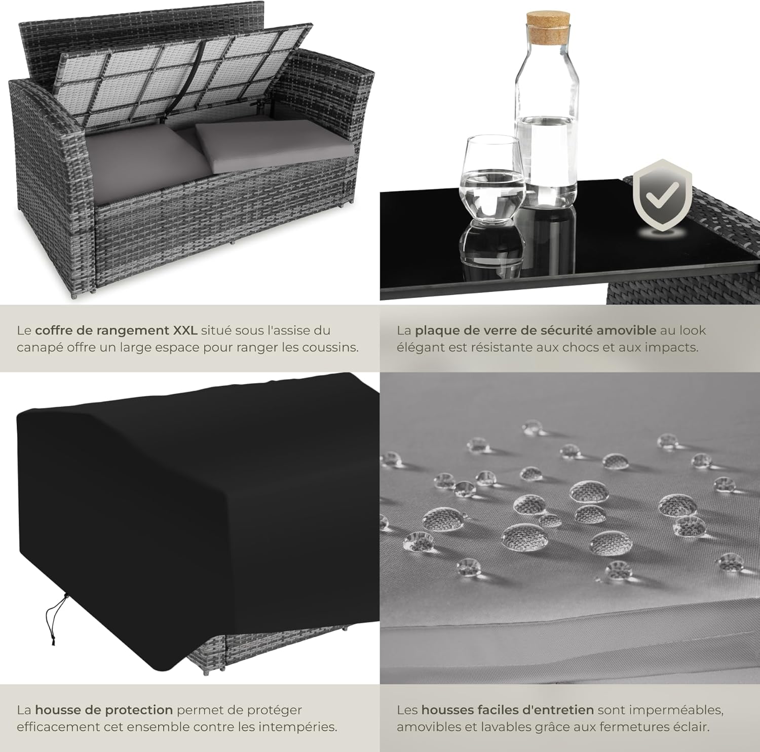 tectake - Salon de jardin polyrotin 6 places, housse incluse, gris