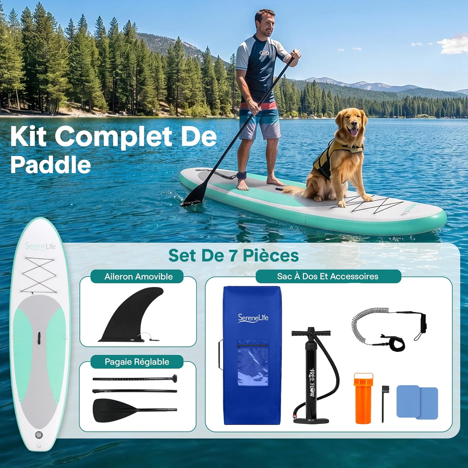 SereneLife Stand Up Paddle Gonflable Adulte 6” – Planche de Paddle avec Accessoires Sup, Sac de Transport, Pont Antidérapant, pour Mer, Lac, Rivière