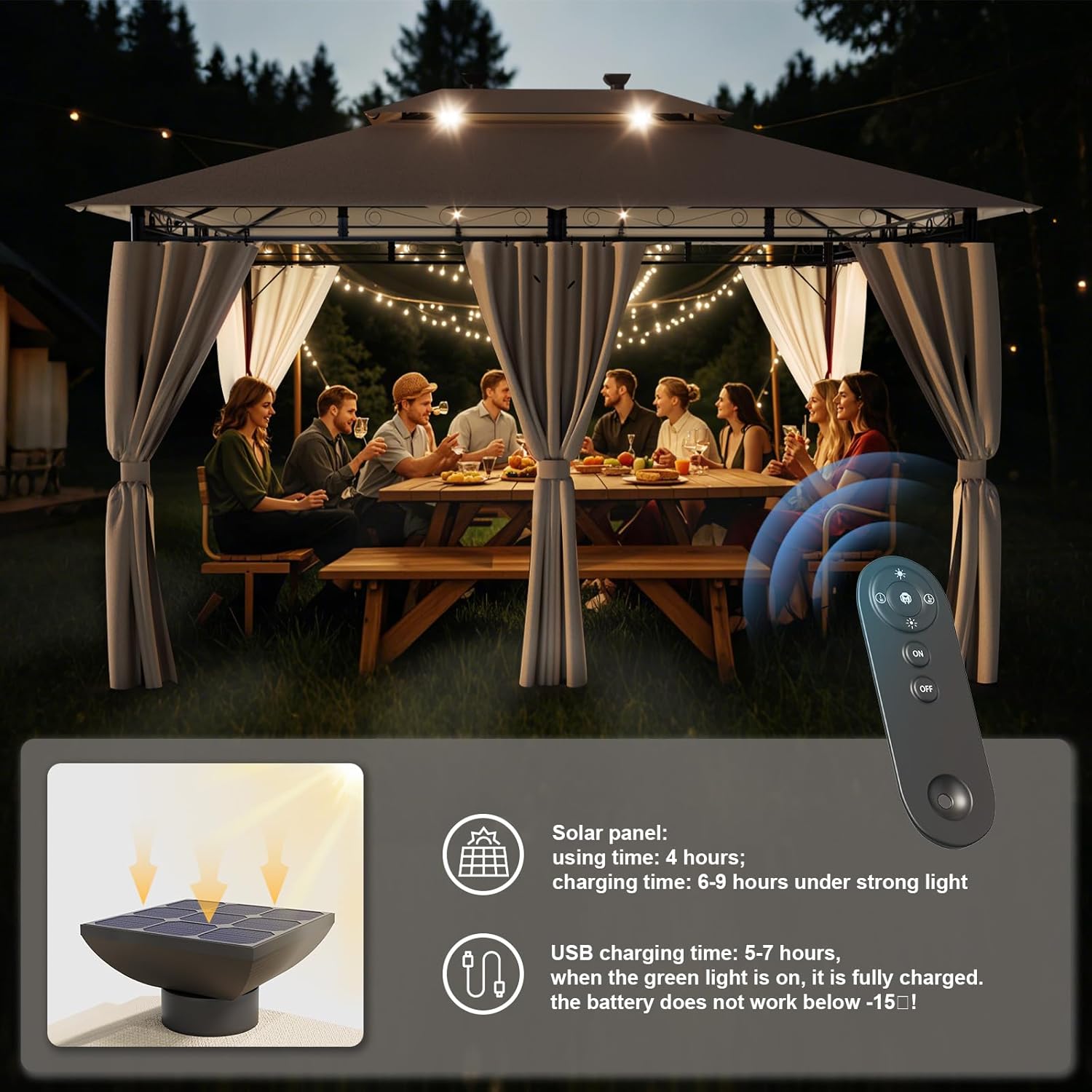 Devoko - Tonnelle Deluxe 3x4m - LED, imperméable, 6-8 pers.