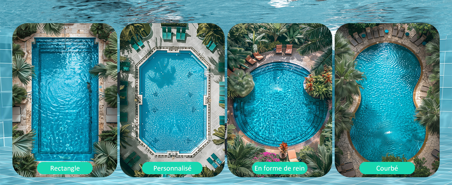 Quatre formes de piscine : rectangulaire, octogonale, en forme de rein et de forme libre. Chaque piscine aux eaux bleues est entourée d'une terrasse en pierre et d'une végétation tropicale