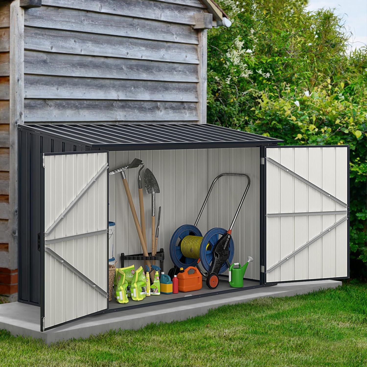 COSTWAY Abri de Jardin en Métal Galvanisé 1,9 M³, Cabane de Jardin Exterieur avec Double Porte Verrouillable, Couvercle Rabattable, Vérin à Gaz Hydraulique, Cache Poubelle pour Vélo, Outils