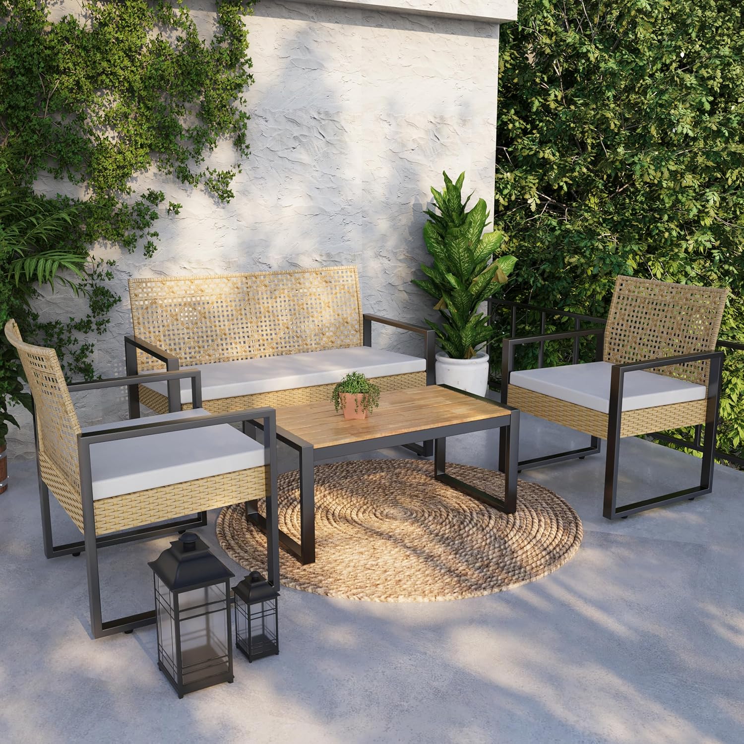casa.pro - Salon de jardin 4 pièces, acier/acacia, 2 chaises + banc, beige/naturel