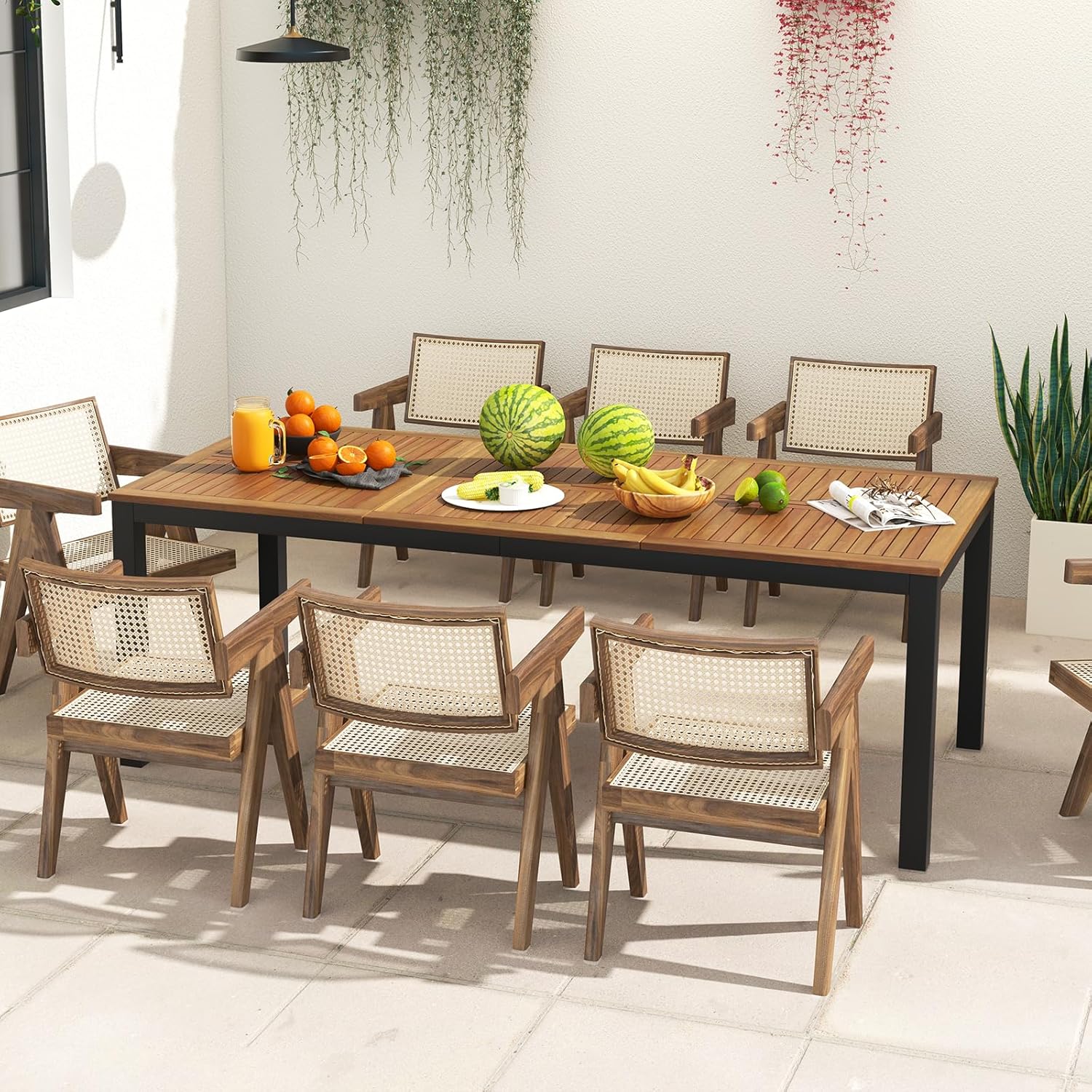 Costway - Table de jardin rectangulaire 200 cm, bois acacia, 8 pers, trou parasol, pieds métal