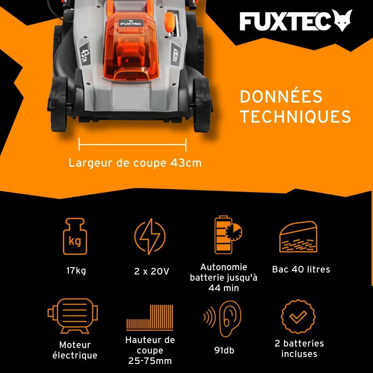 FUXTEC - Tondeuse à Gazon E2RM43 - 43cm, 40L, Hauteur réglable, Batterie 40V E2RM43