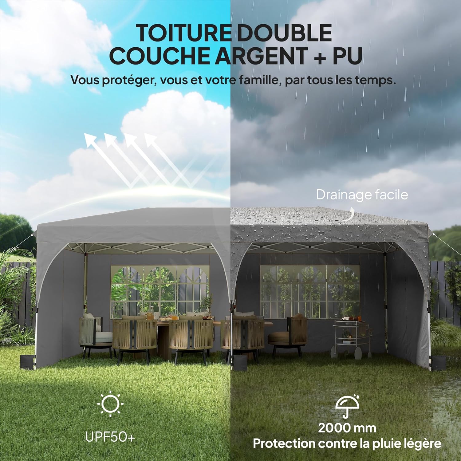 Outsunny - Tonnelle Pop Up 3x6m, imperméable, réglable, UV50+, sacs, gris