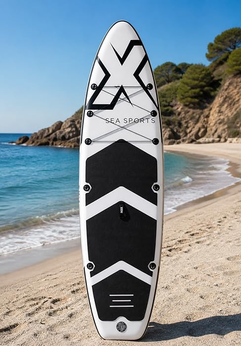 Le texte indique « LIQUID SHRED » sur un wakeboard blanc et noir positionné à la verticale sur une plage de sable avec un océan turquoise et des falaises côtières derrière.
