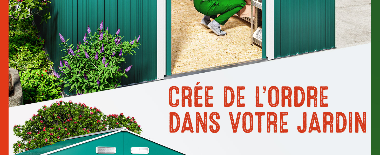 Scène de jardin avec des plantes vertes et un cabanon bleu. Le texte en français se lit comme suit : « Créez de l'ordre dans votre jardin »