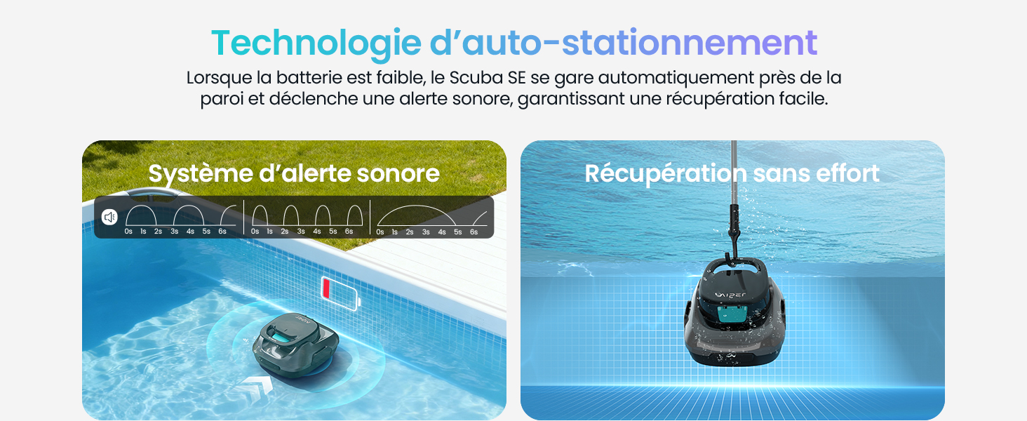 Le texte indique « Technologie à auto-stationnement ». Diagrammes et images multiples montrant un système d'aspirateur robotique avec fonctions d'amarrage et de chargement automatisées.