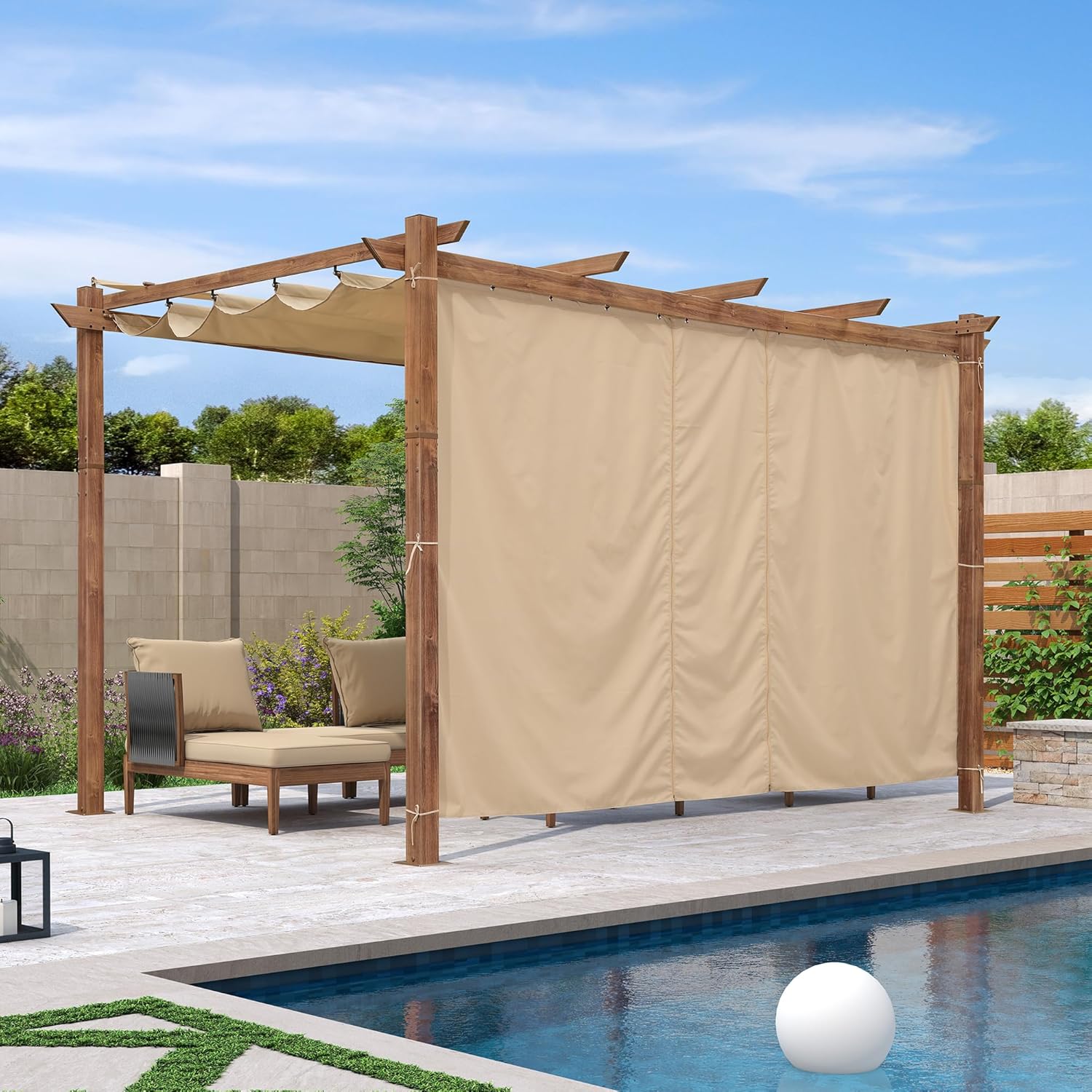 PURPLE LEAF - Pergola alu finition teck 4x3m - toile rétractable, rideau, kaki