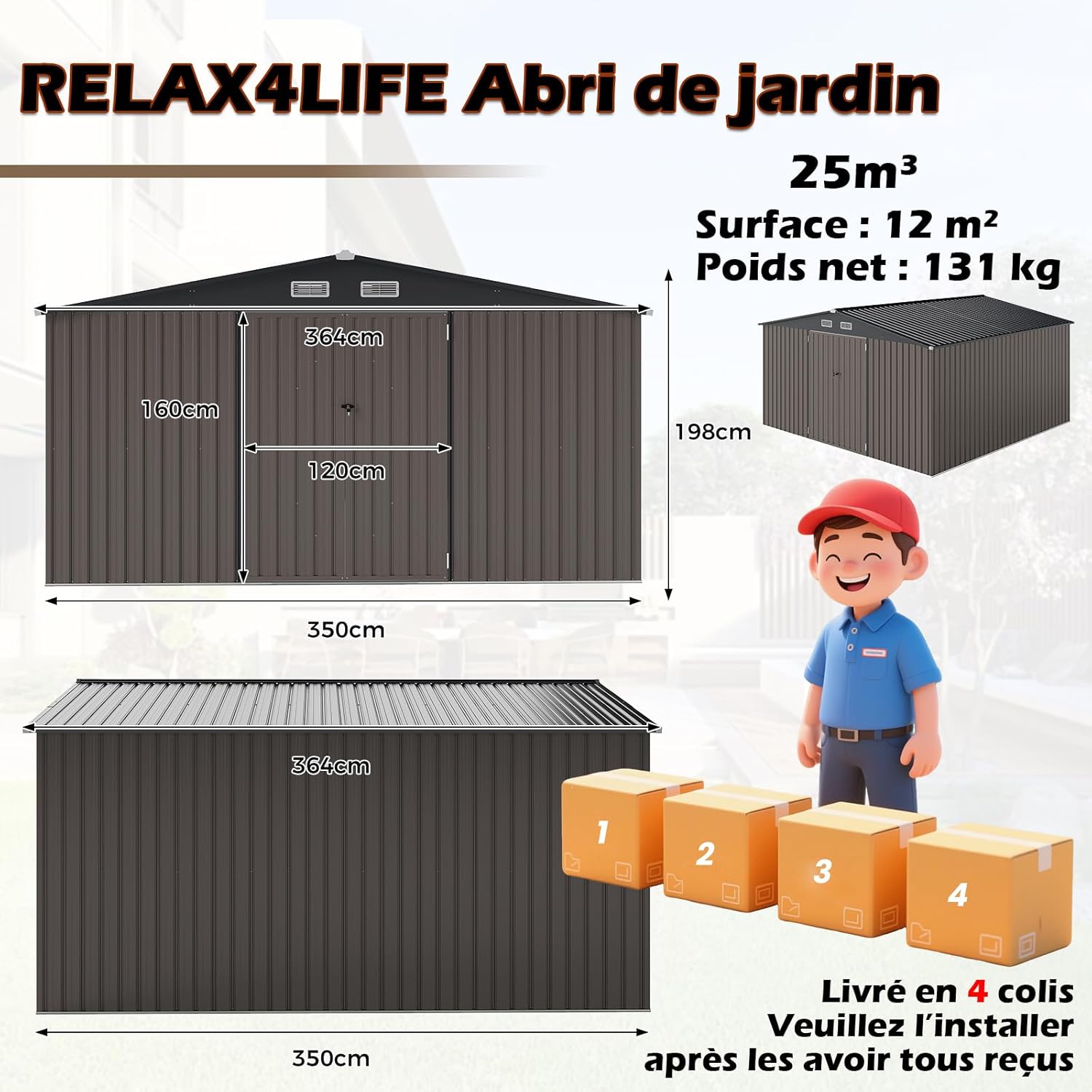 RELAX4LIFE - abri de jardin métal - 350x350x198cm - 2 portes, 12m², toit incliné, 25m³