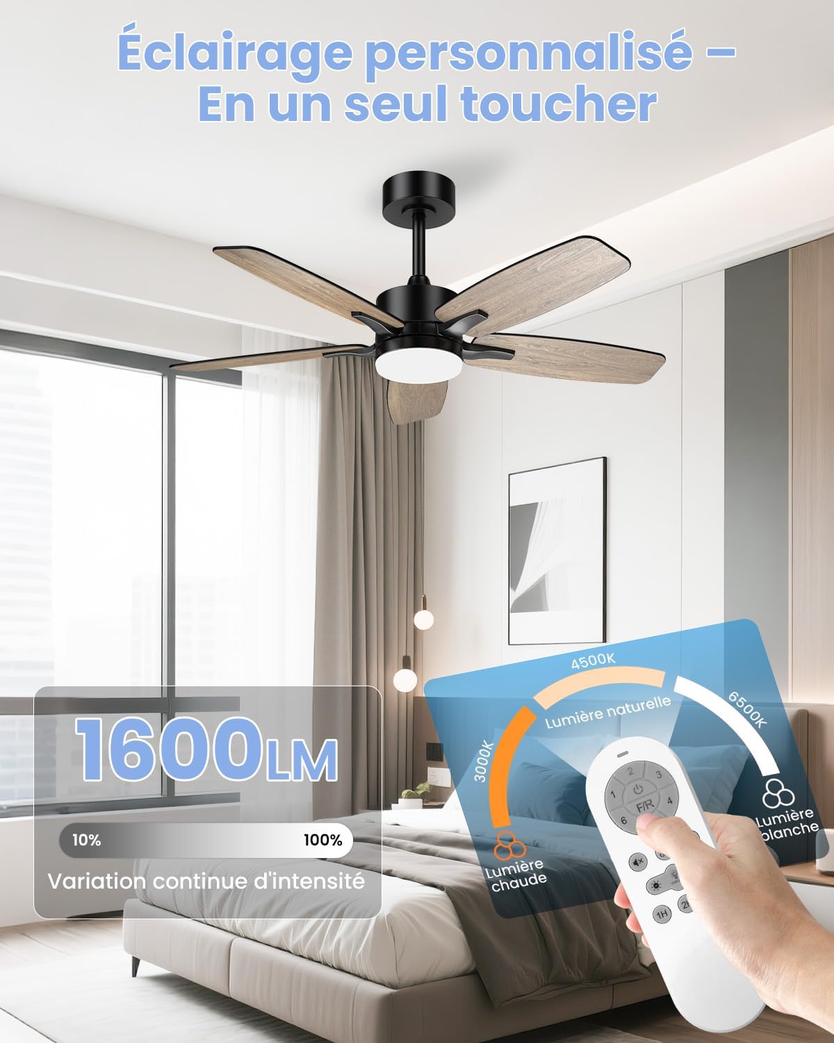 Airwit 106cm Ventilateur de Plafond Silencieux avec Lumière, Télécommande et Moteur Réversible DC pour Chambre, Salon et Cuisine