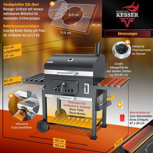 KESSER - Chariot Grill XXL - barbecue charbon avec couvercle, roues, grille, thermomètre