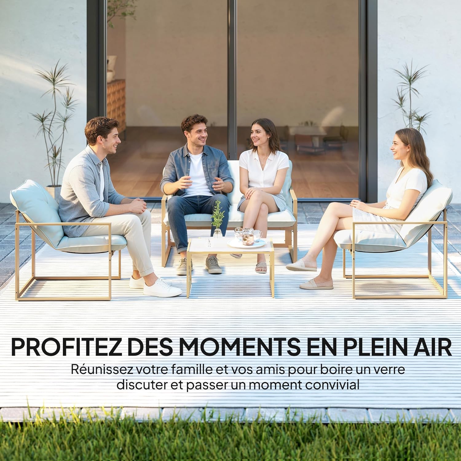 Outsunny - Salon de jardin 4 pcs - cadre acier, coussins 15cm épais