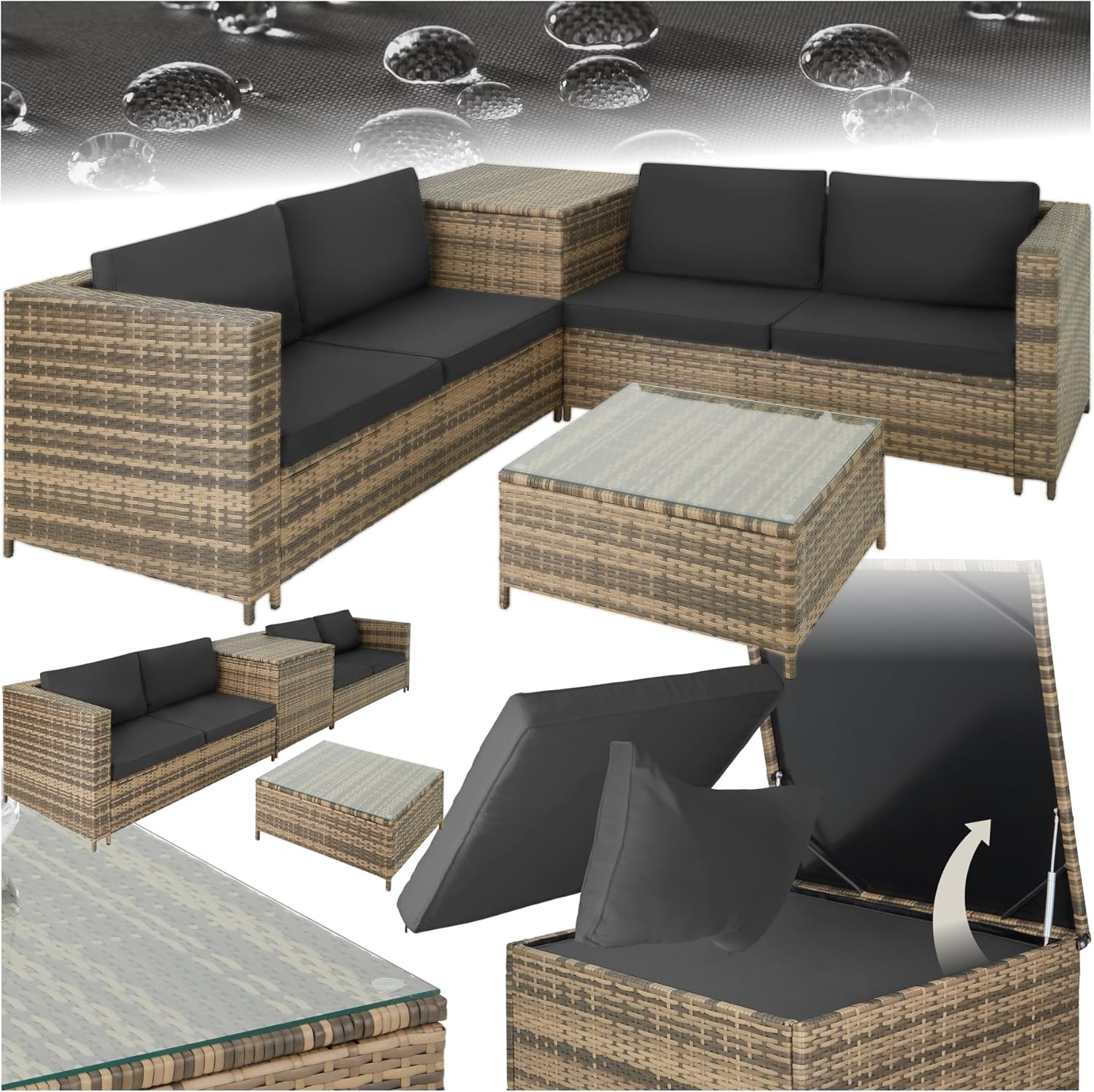tectake - Ensemble salon Poly Rotin 4 pers. modulable, coffre, verre
