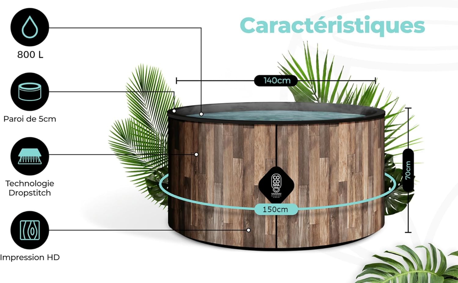 COCO SPA Nordik Spa Gonflable - 150 cm de diamètre - 800 litres - Moteur 2240 W - 2 à 4 Personnes - Massage 140 Jets