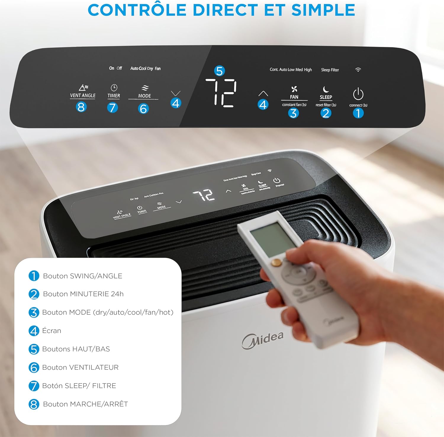 Midea - Climatiseur mobile 4 en 1 silencieux, 12000 BTU, contrôle app, compact - MPP1-12CRN1