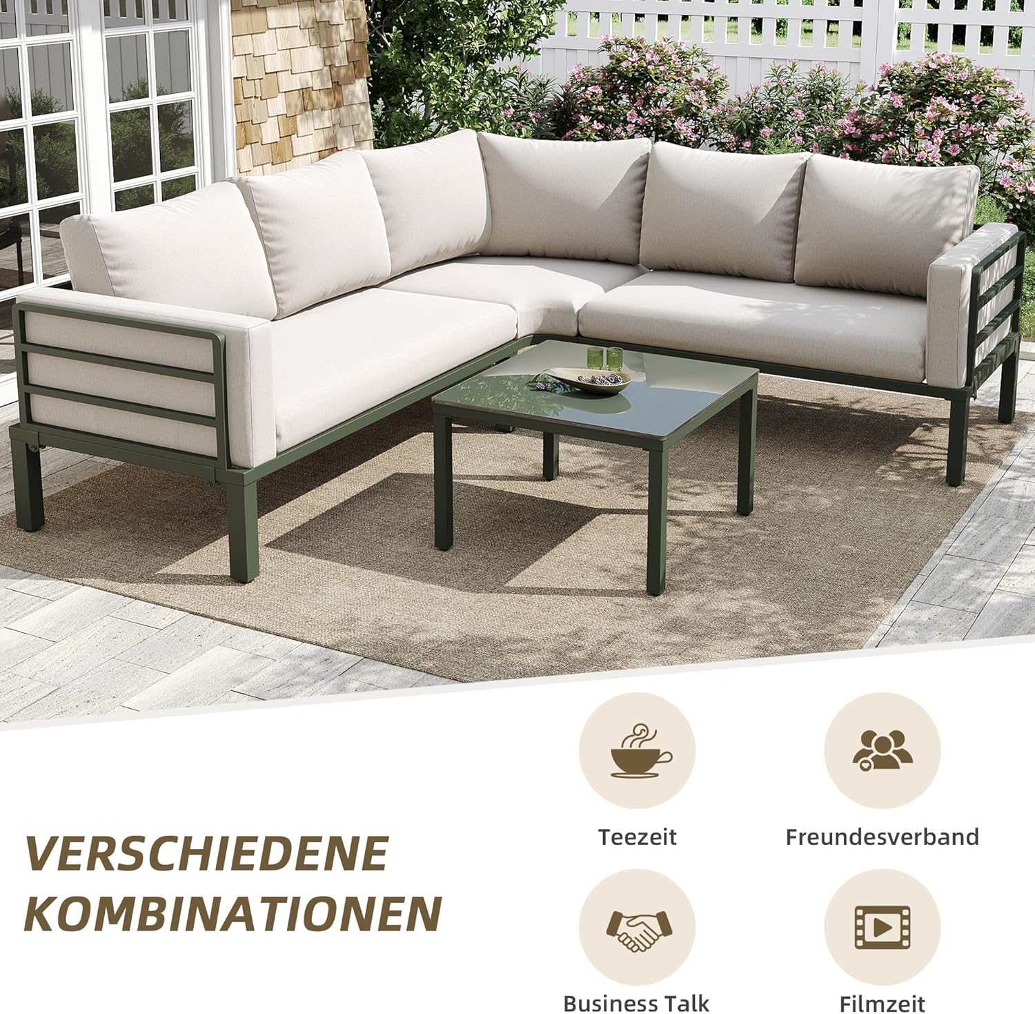 Sapgaks - Salon de jardin D-Beige, fer galvanisé, 4-5 pers., coussins