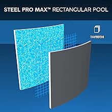 Le texte indique « STEEL PRO MAX - PISCINE RECTANGULAIRE ». Illustration technique 3D montrant la construction d'une piscine avec simulation d'eau bleue et murs gris foncé.