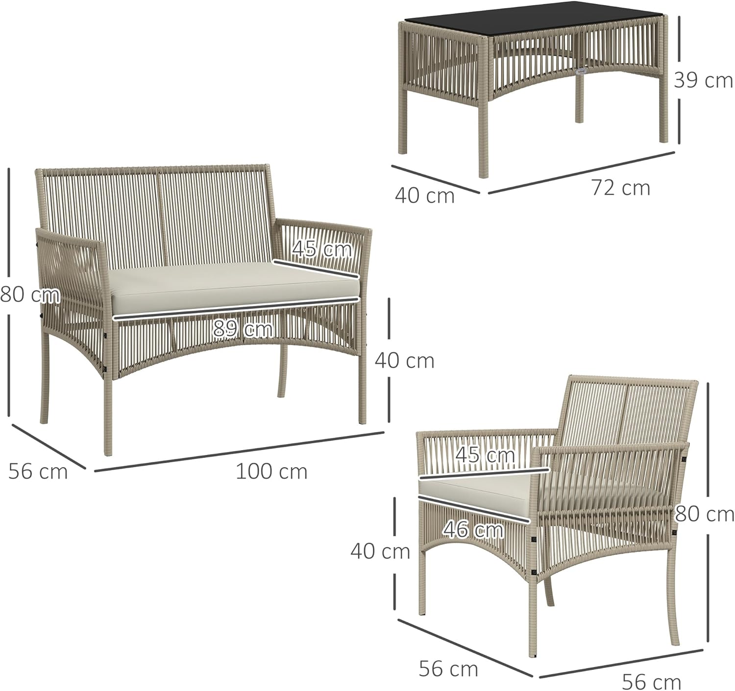 Outsunny - salon de jardin 4 places, métal et résine, 3 coussins, kaki