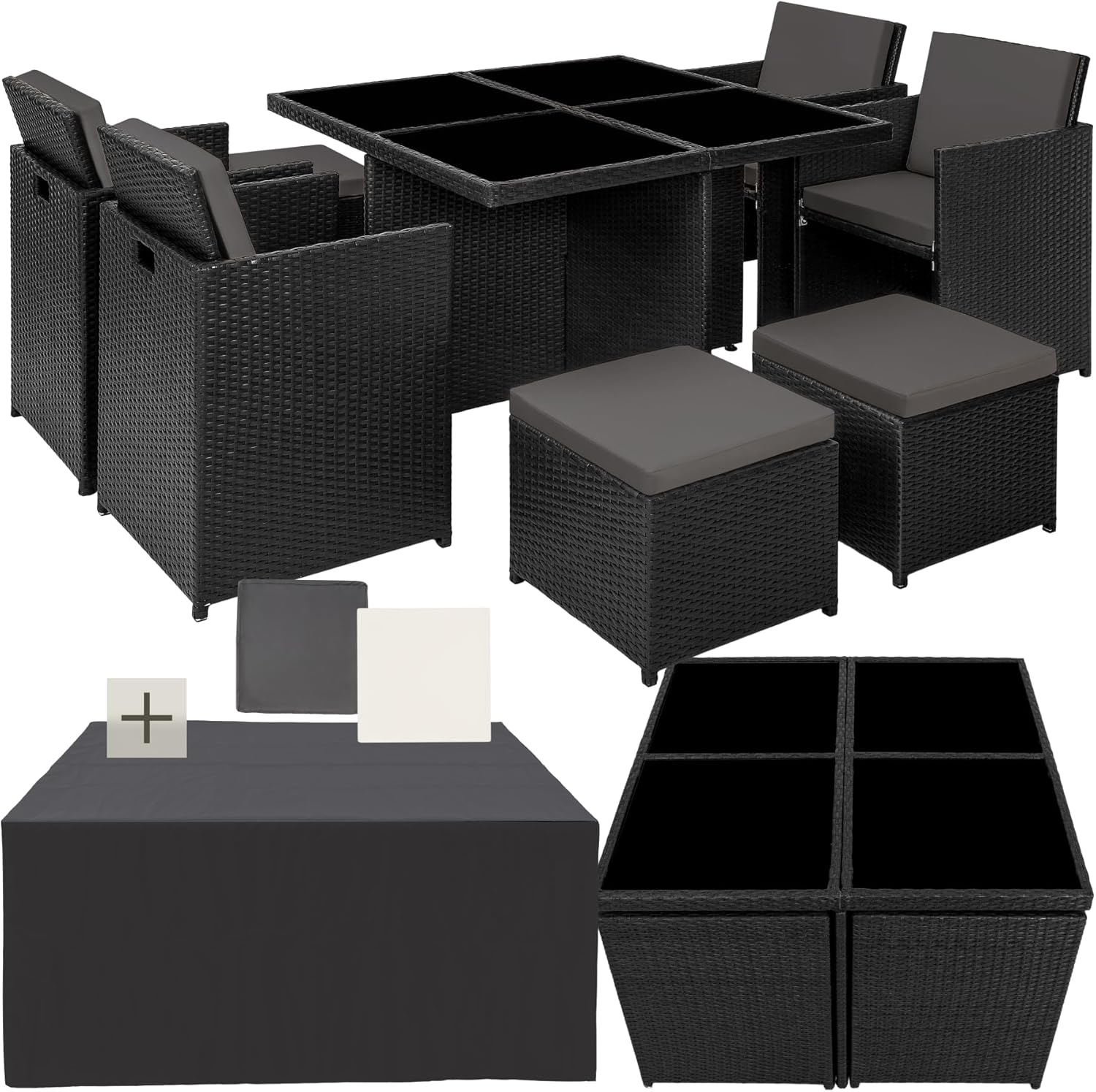 tectake - Salon de Jardin 8 places - alu, poly rotin, table large, noir