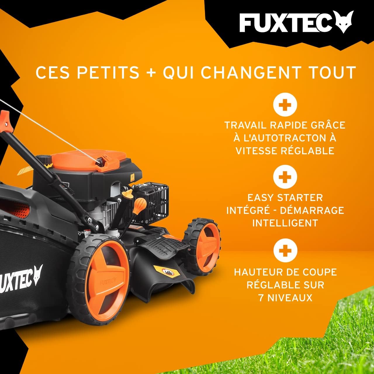 FUXTEC Tondeuse Thermique autotractée à Vitesse réglable FX-RM5196PRO, Largeur de Coupe 51 cm et Moteur autopropulsé 196cm3 GT Variable, Bac de ramassage 60L