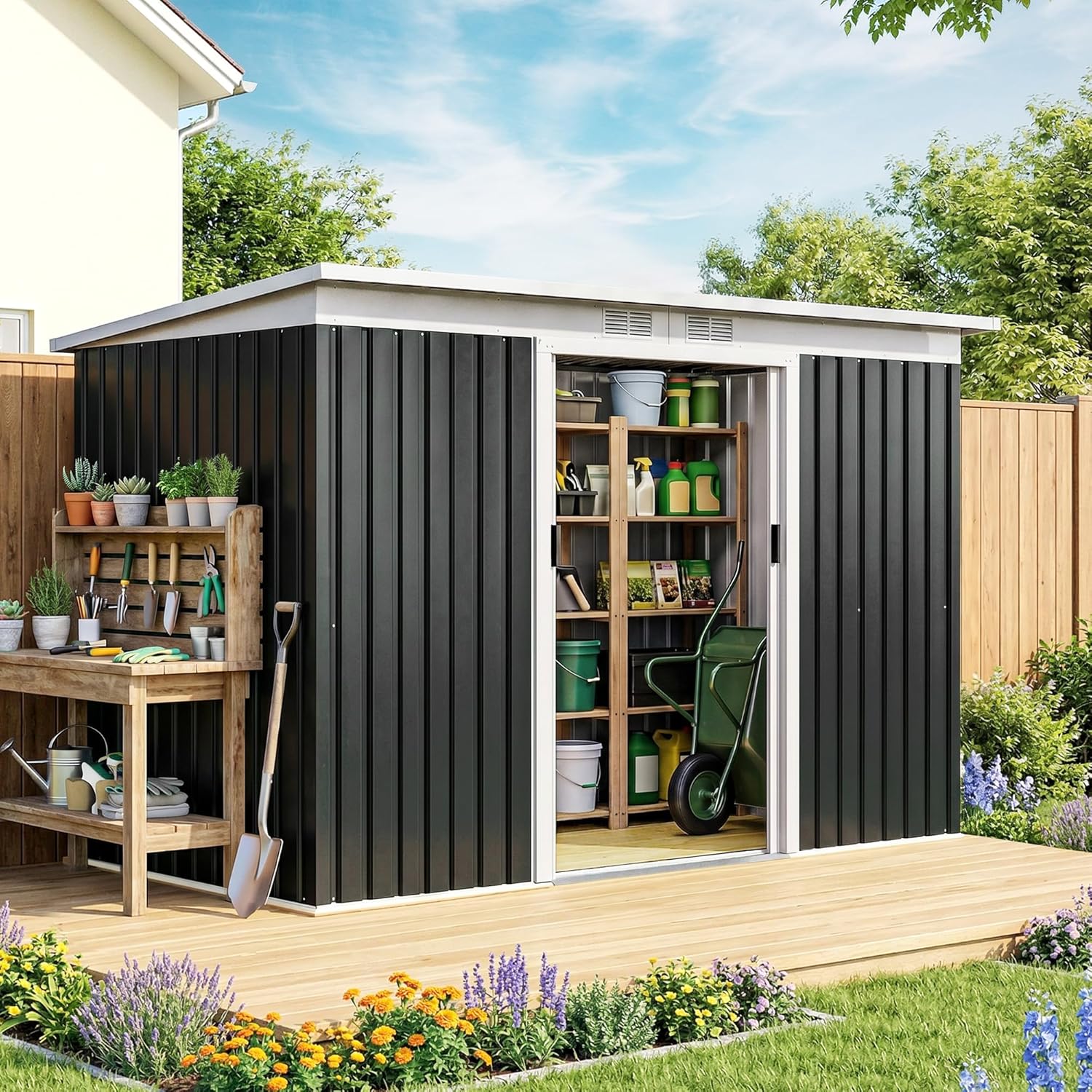 Outsunny - abri de jardin acier galvanisé 3,6m² - portes coulissantes, fondation, ventilé, 280x130x172cm