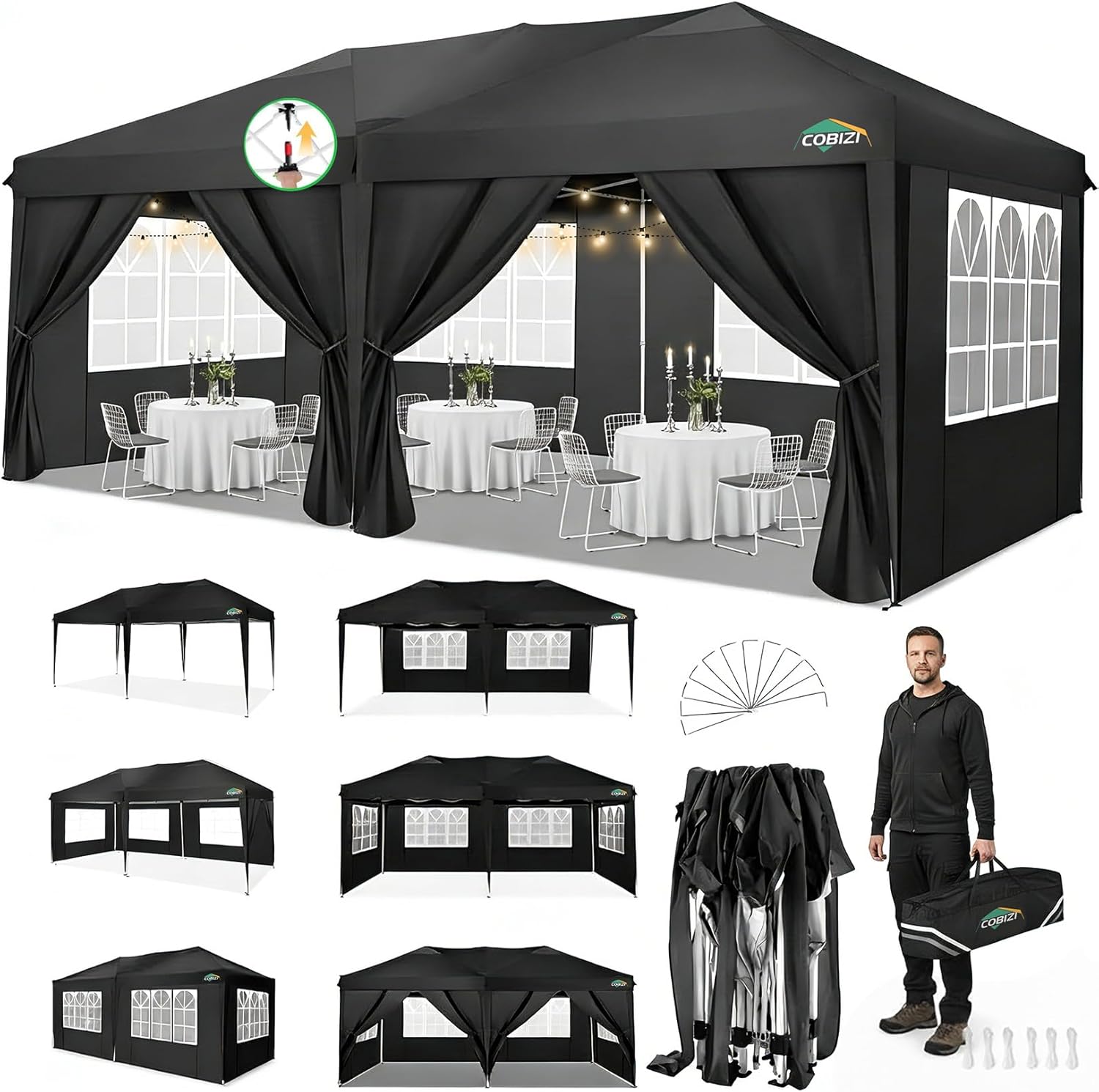 COBIZI - Tonnelle pliante 3x6m étanche, stable, anti-UV, 6 parois