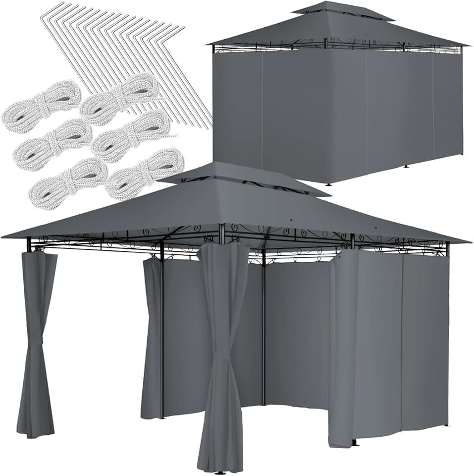 tectake - tonnelle de jardin 4x3m - acier epoxy, imperméable, rideaux, UV50+