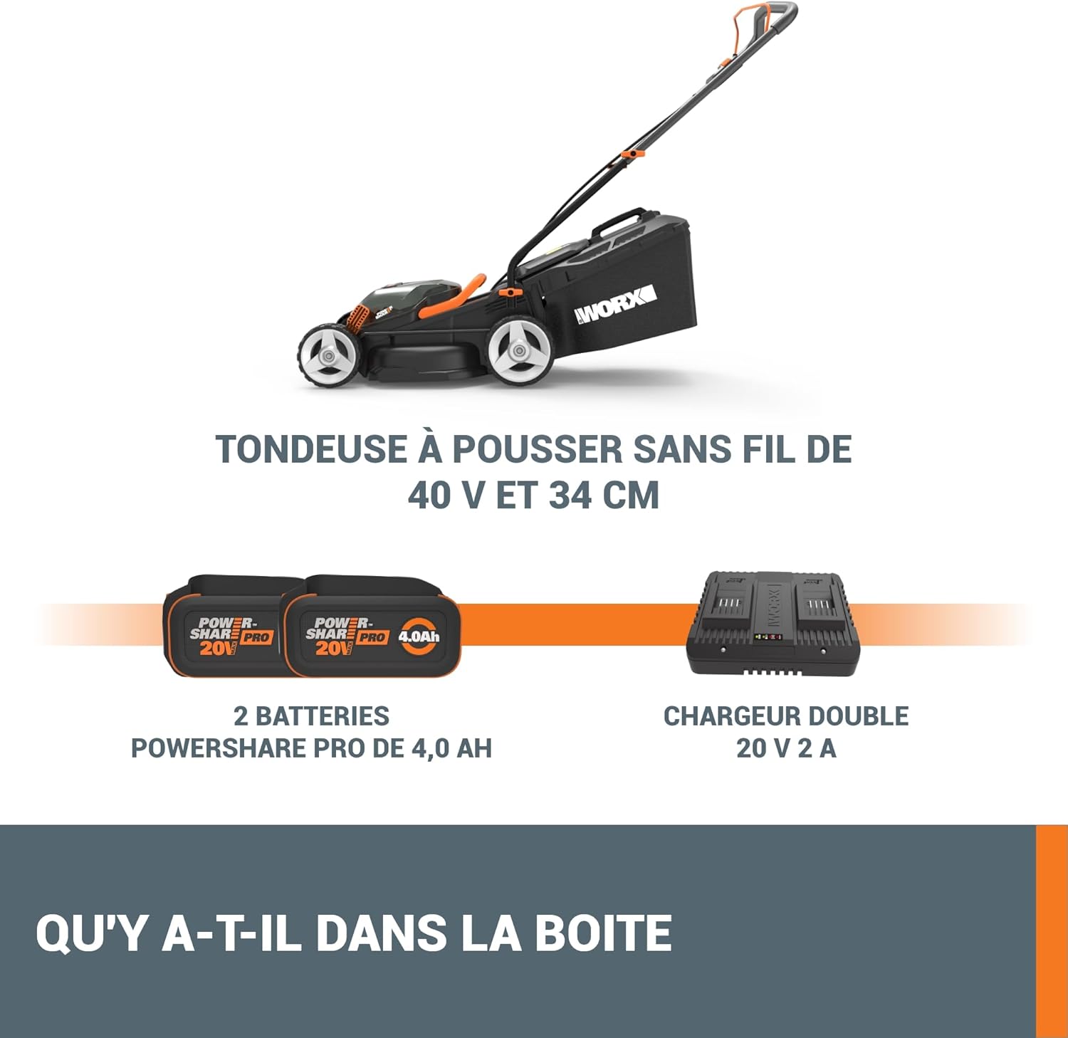 WORX - Tondeuse sans fil 40V, 34cm, 6 hauteurs, compacte, WG779E.1