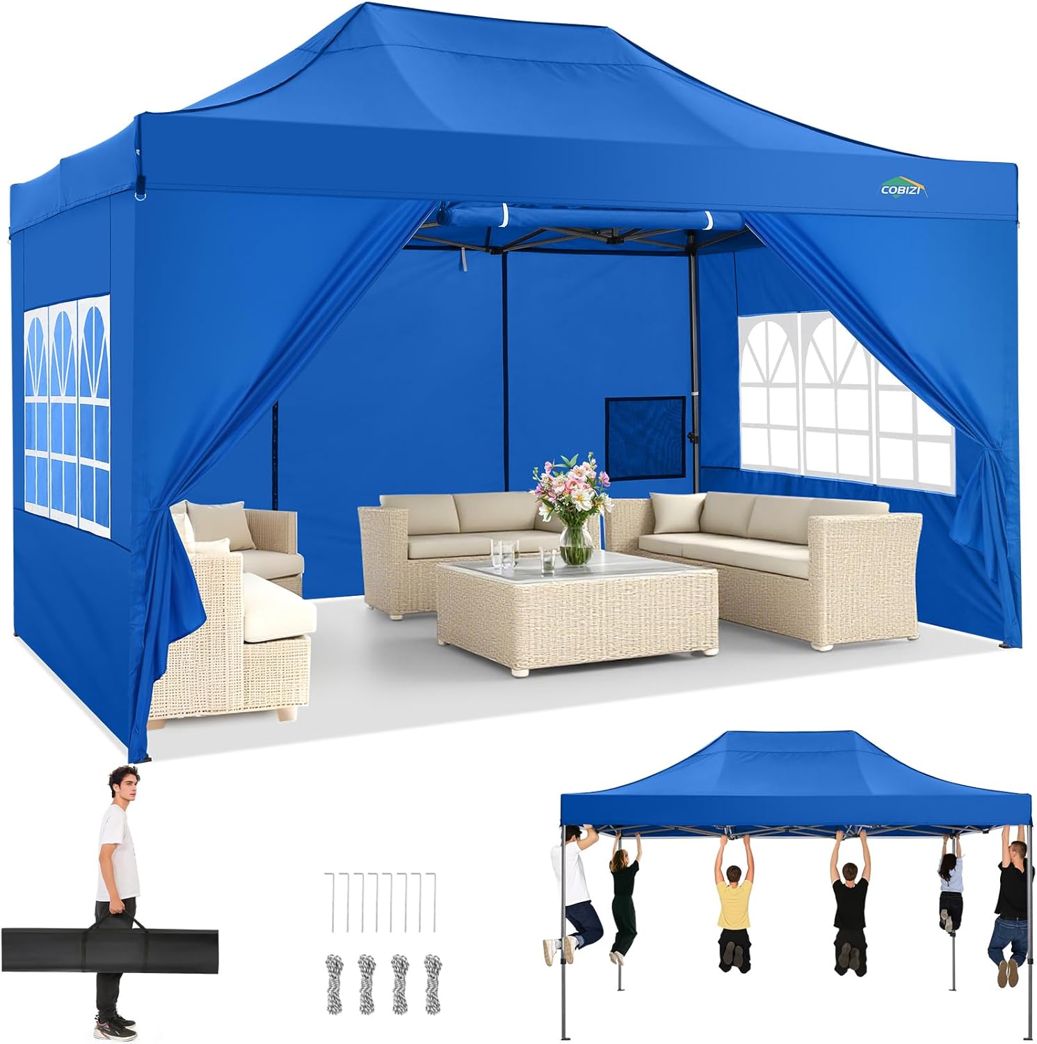 COBIZI - Tonnelle pliante série - 3x4.5m - étanche, UV 50+, 4 panneaux latéraux
