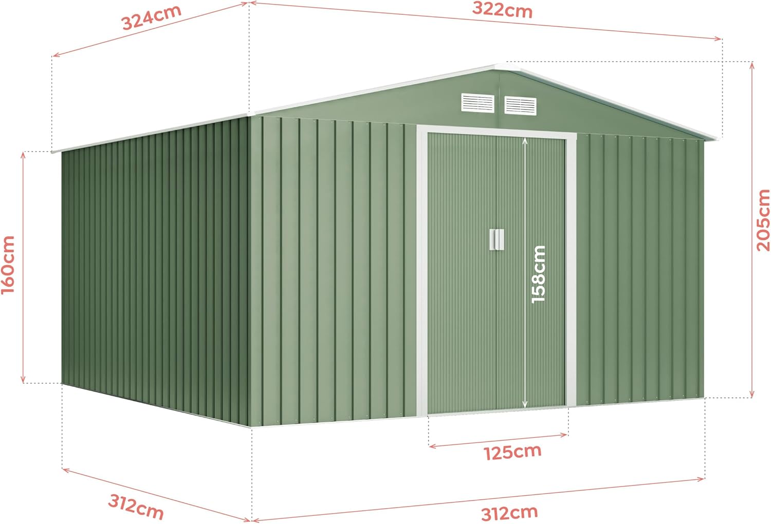 Wasabi - abri de jardin métal - 10,2m2 - double porte coulissante, grilles de ventilation