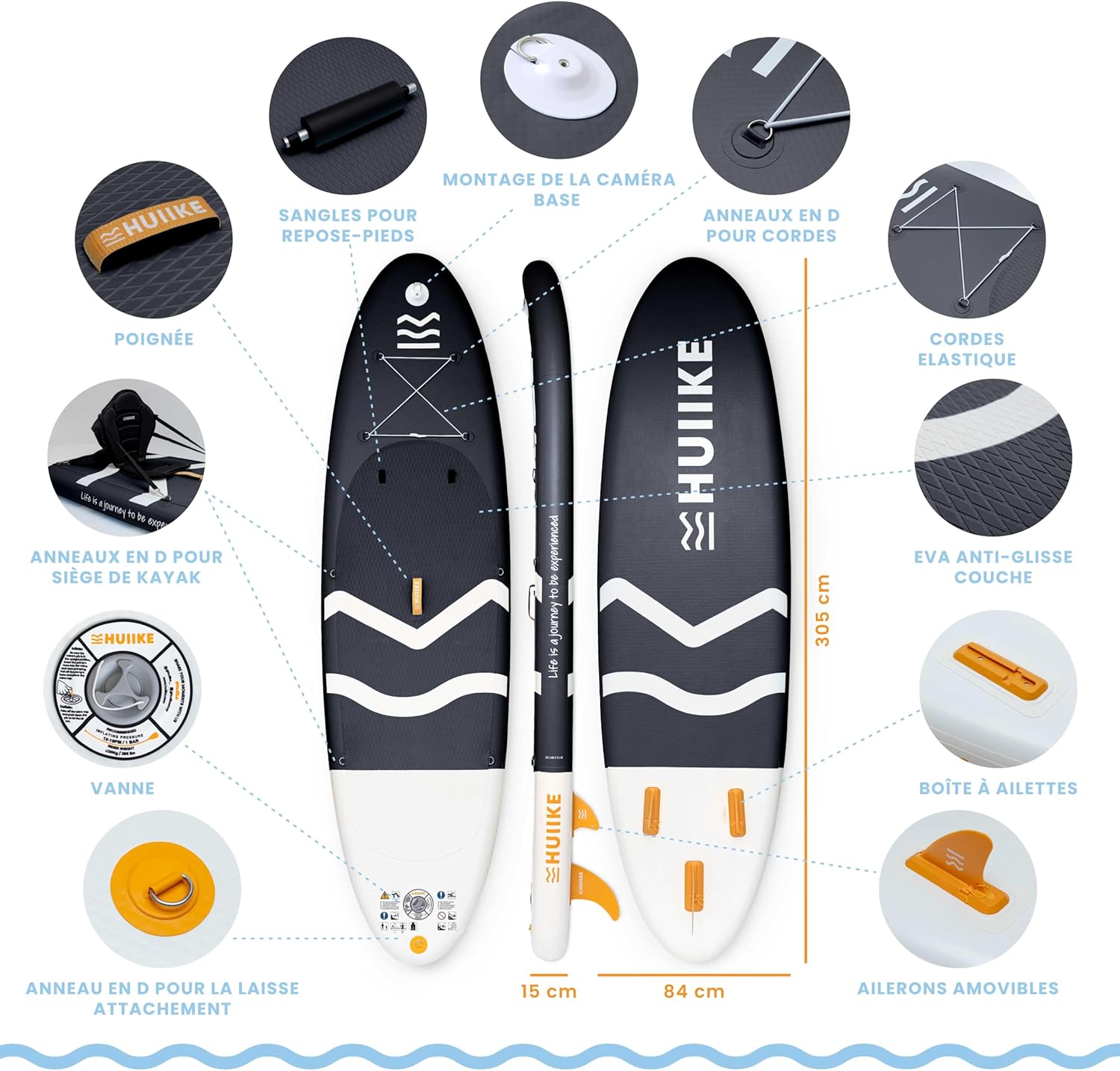 HUIIKE - Paddle gonflable adulte, 305x84x15 cm, kit complet, grande stabilité, 130 kg