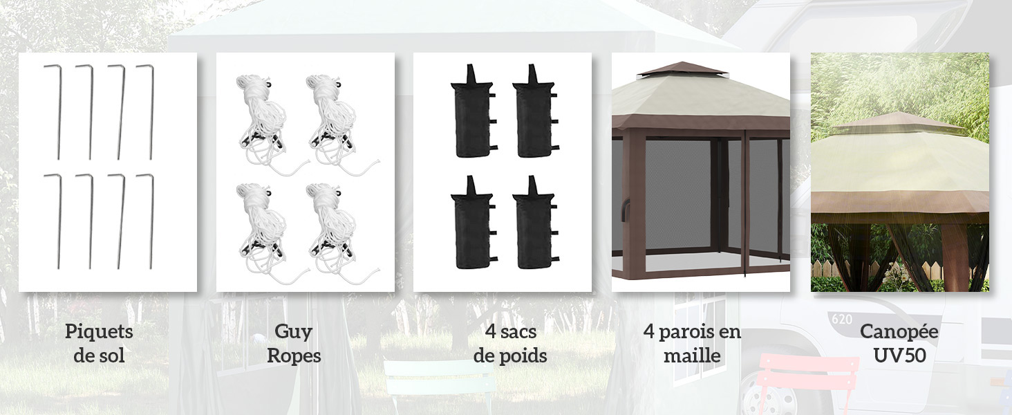 Image composite montrant des éléments de mobilier d'extérieur : piquets métalliques, cadres de chaise blancs, poteaux noirs, panneau grillagé et structure à baldaquin dans un jardin.