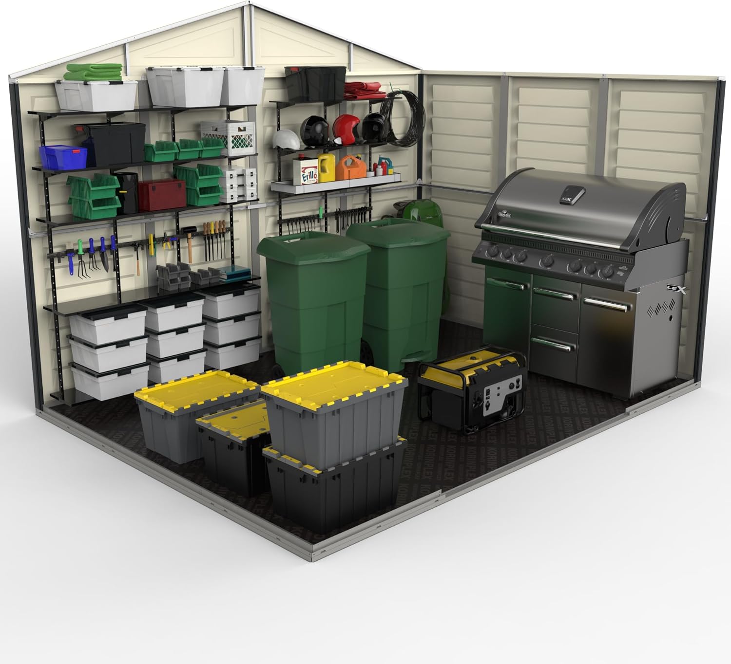 Abri de jardin Duramax WoodBridge II PLUS - 10.5 x 8 (7.64 m²) - Plastique, kit fondation, 2 fenêtres, toit métal, sans 